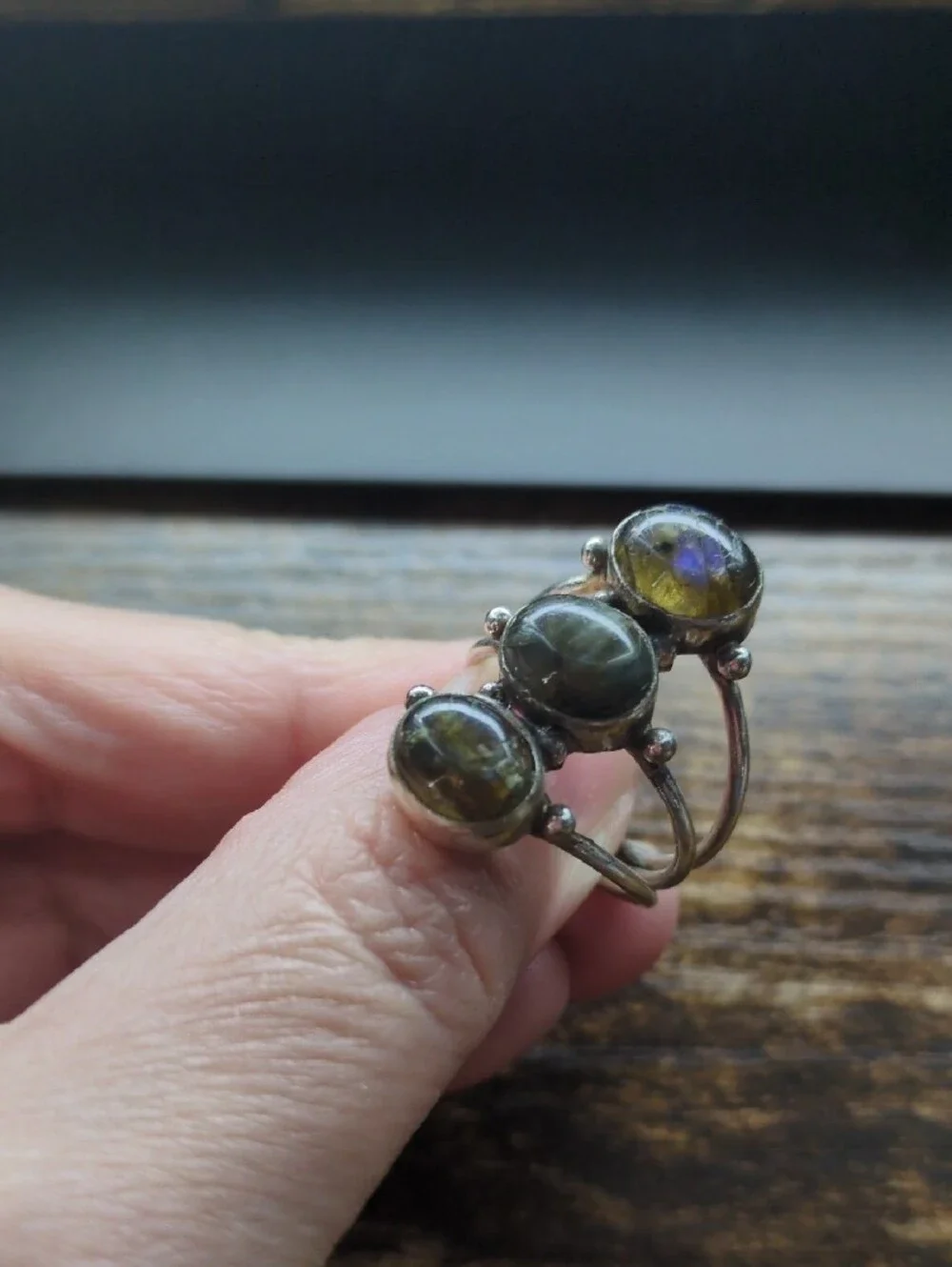Triple Stone Labradorite Silver Ring - Green/Gray Accent